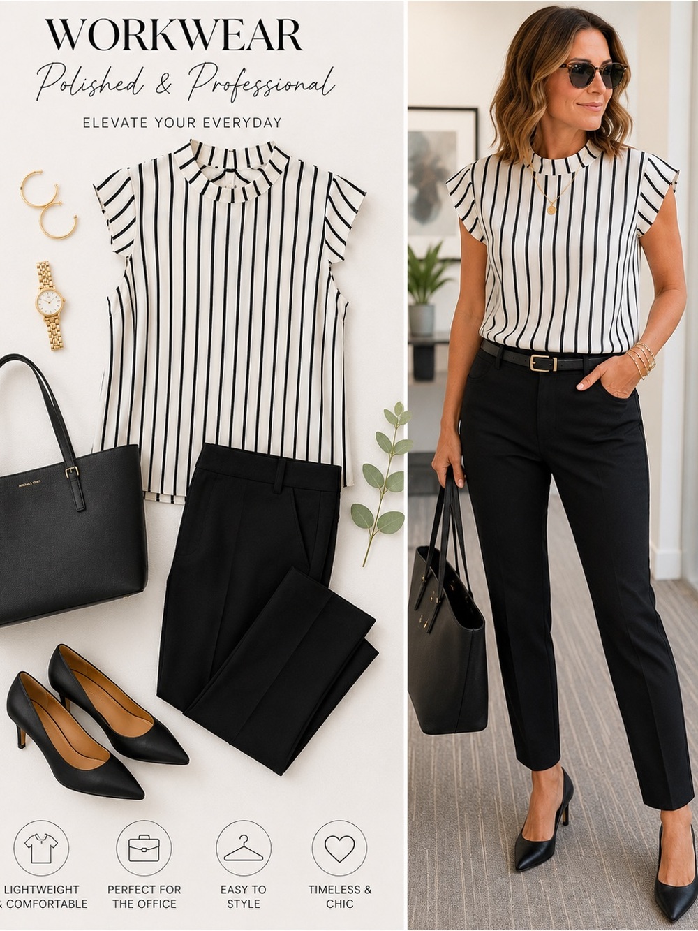 Sleeveless Mock Neck Vertical Stripe Top - White/Black